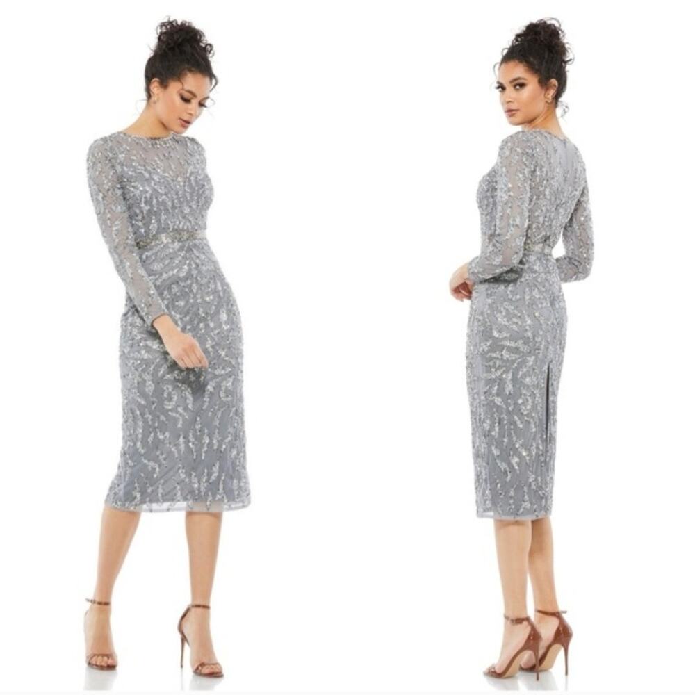 Mac Duggal 5521 Bead Work Jewel Neck Long Sleeve Midi Dress Gray Silver Size 4